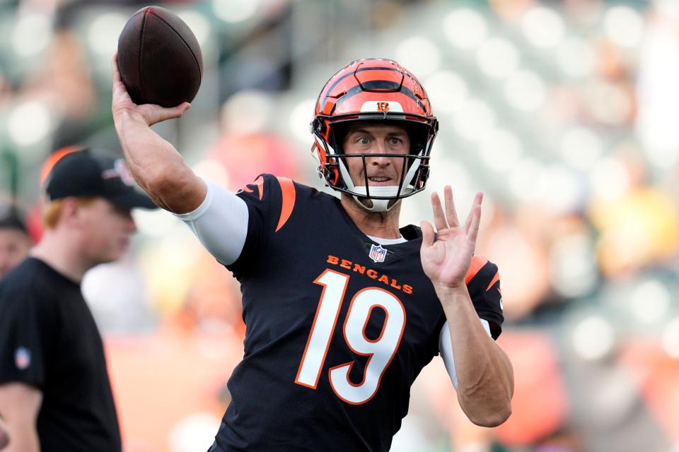 Trevor Siemian, here with the Cincinnati Bengals before a preseason game against the Green Bay Packers on Aug. 11, 2023 in Cincinnati. (AP Photo/Jeff Dean)