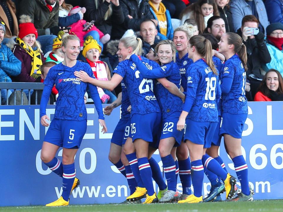 Chelsea celebrate after Sophie Ingle's spectacular finish: Getty