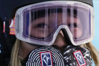 United States' Chloe Kim reacts during the women's halfpipe finals at the 2022 Winter Olympics, Thursday, Feb. 10, 2022, in Zhangjiakou, China. (AP Photo/Lee Jin-man)