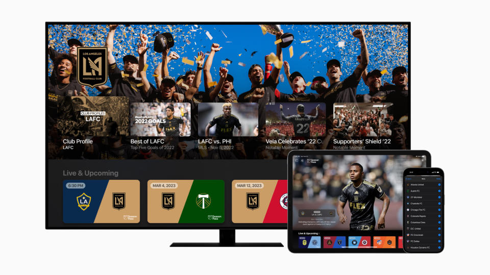 Screenshots from Apple TV's MLS Season Pass, as seen on three devices: a smart TV, iPad and iPhone