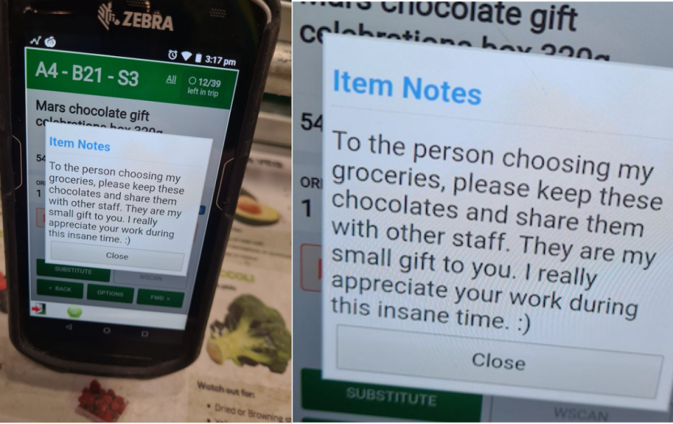 Note left for Woolworths staff member. Text on screen reads: 