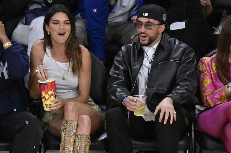 Kendall Jenner and Bad Bunny sit court side as they attend Game 6 of the Western Conference semifinals at Crypto.com Arena in Los Angeles on May 12. File Photo by Jim Ruymen/UPI