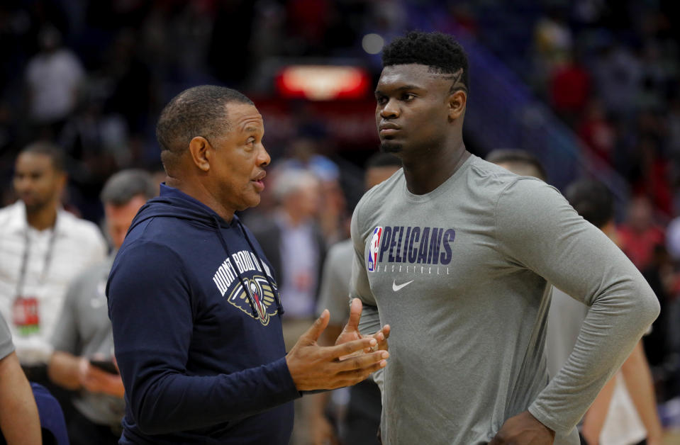 Oct 5, 2019; New Orleans, LA, USA; New Orleans Pelicans head coach Alvin Gentry talks with forward Zion Williamson (1) during a open practice at the Smoothie King Center. Mandatory Credit: Derick E. Hingle-USA TODAY Sports