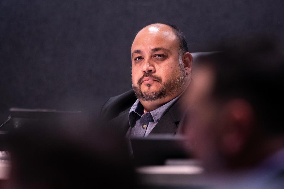 Desert Hot Springs Mayor Pro Tem Roger Nunez listens during a council meeting in Desert Hot Springs , Calif., on September 5, 2023.