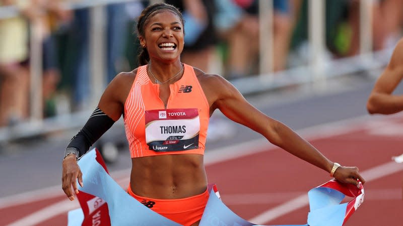 Gabby Thomas celebrates winning Women’s 200m Final during the 2023 USATF Outdoor Championships at Hayward Field on July 09, 2023 in Eugene, Oregon. 