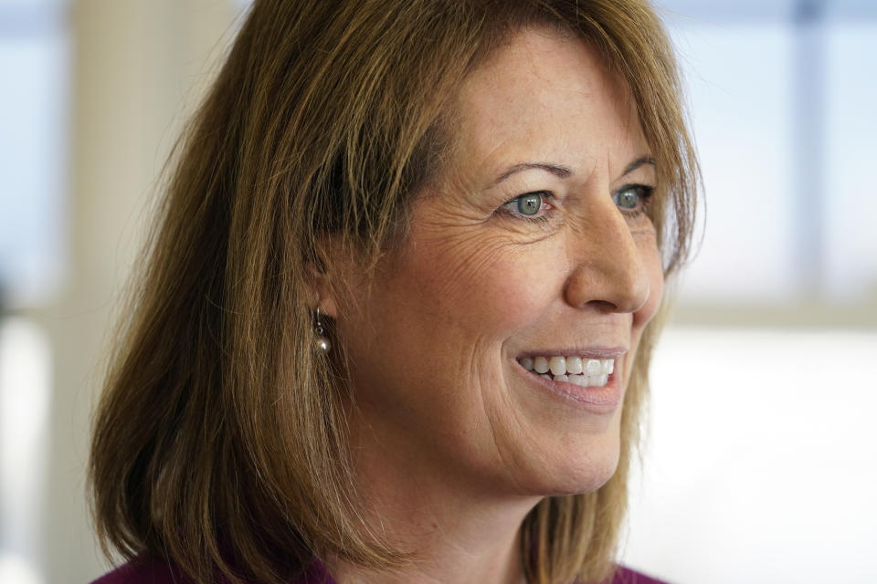 FILE - Rep. Cindy Axne, D-Iowa, speaks during a roundtable discussion at the Elite Octane ethanol plant, Nov. 9, 2021, in Atlantic, Iowa. Republicans need to gain only five seats to win control of the House in the fall. Few Democratic seats are more at risk than that of Axne, whose district stretches from Democratic-leaning Des Moines to GOP-friendly suburbs and staunchly conservative farmland in Iowa's southwest corner. (AP Photo/Charlie Neibergall, File)