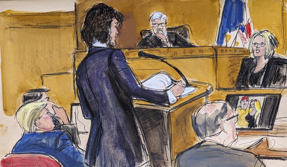 Judge Juan Merchan presides over proceedings as Stormy Daniels, far right, answers questions on direct examination by assistant district attorney Susan Hoffinger in Manhattan criminal court as former President Donald Trump and defense attorney Todd Blanche look on, Tuesday, May 7, 2024, in New York. (Elizabeth Williams via AP)