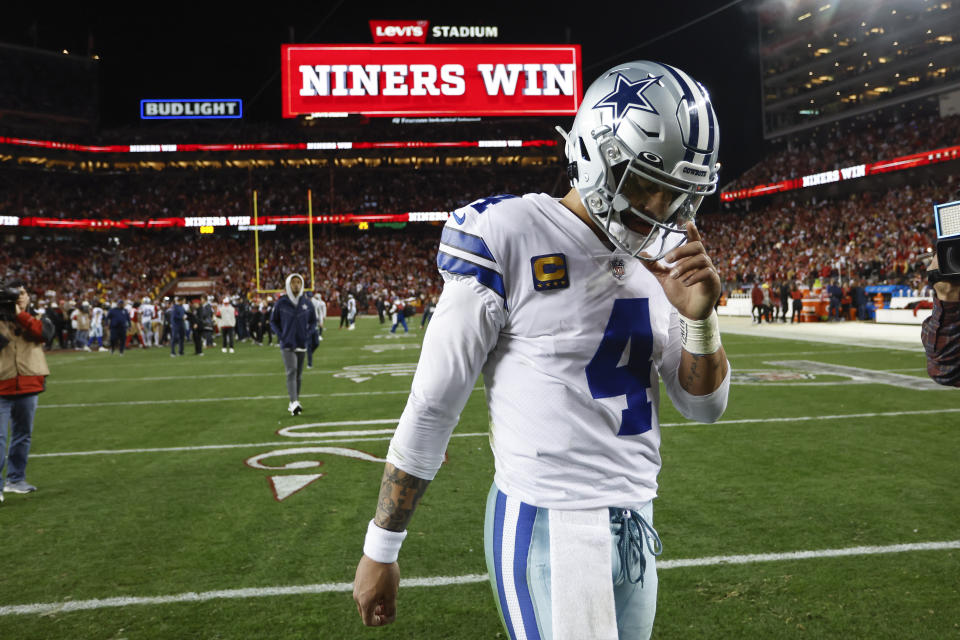 Dak Prescott threw two crucial interceptions in the Cowboys'  playoff loss to the San Francisco 49ers in Santa Clara, Calif., Sunday, Jan.  22, 2023. (AP Photo/Josie Lepe)