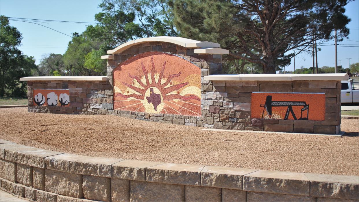 Levelland's new mosaic highway monument is pictured Monday.