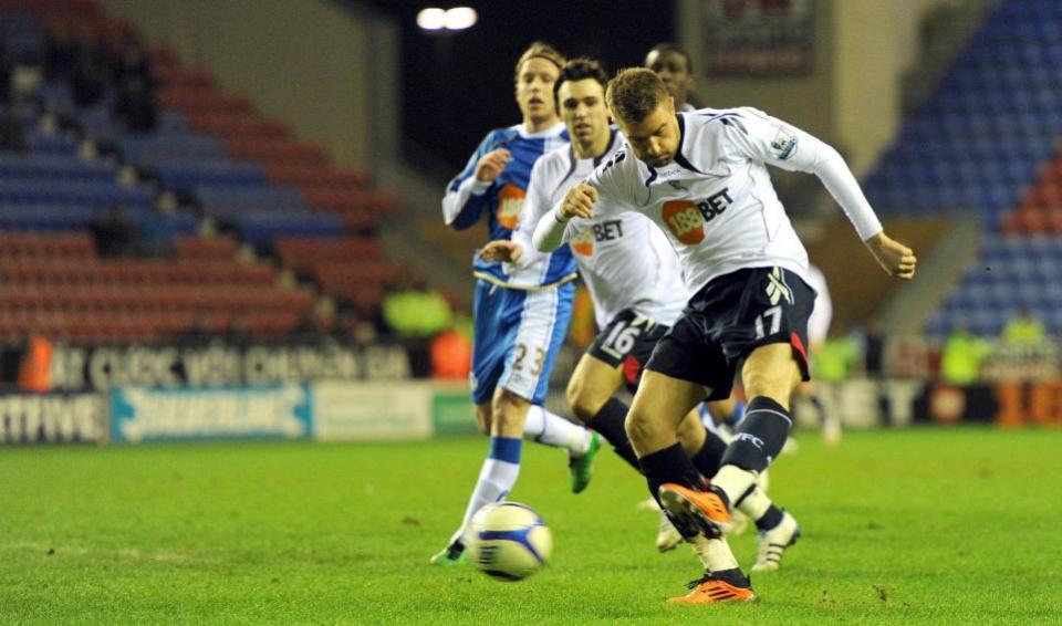 The Bolton News: Ivan Klasnic scores for Wanderers at Wigan in an FA Cup replay in 2011 en route to the semi-finals