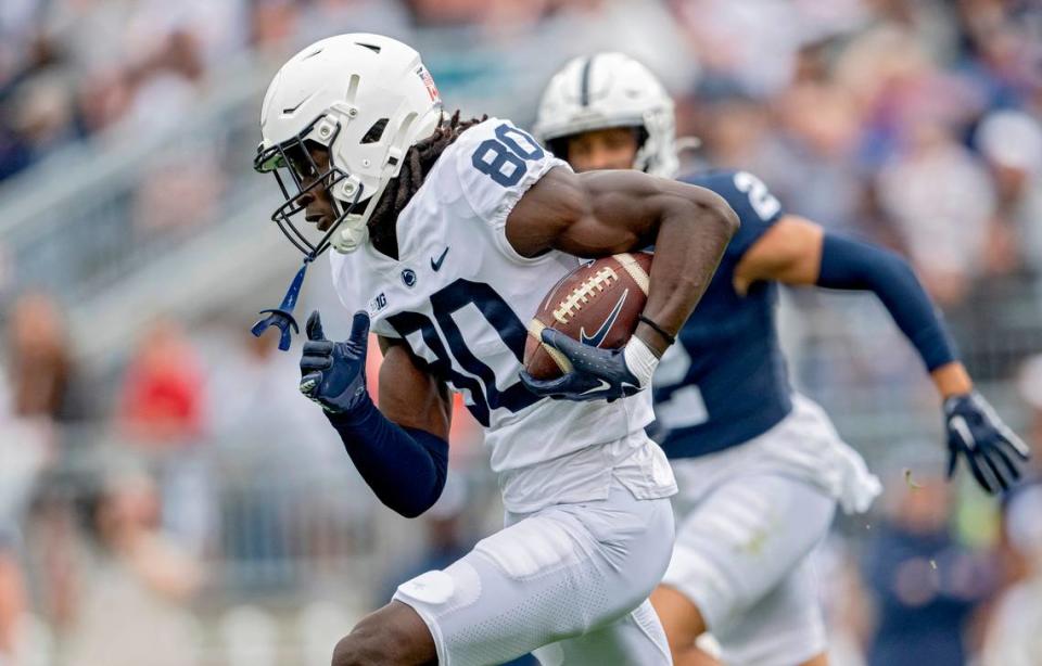 Wide receiver Malick Meiga makes a catch and its down the field with the ball during the Penn State Blue-White game on Saturday, April 15, 2023.