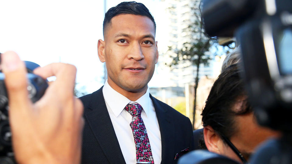 Israel Folau arrives ahead of his conciliation meeting with Rugby Australia at the Fair Work Commission. (Photo by Don Arnold/Getty Images)