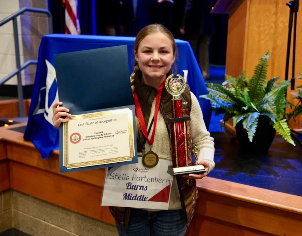 Stella Fortenberry was runner-up in the the 2024 Cleveland County Schools Spelling Bee.