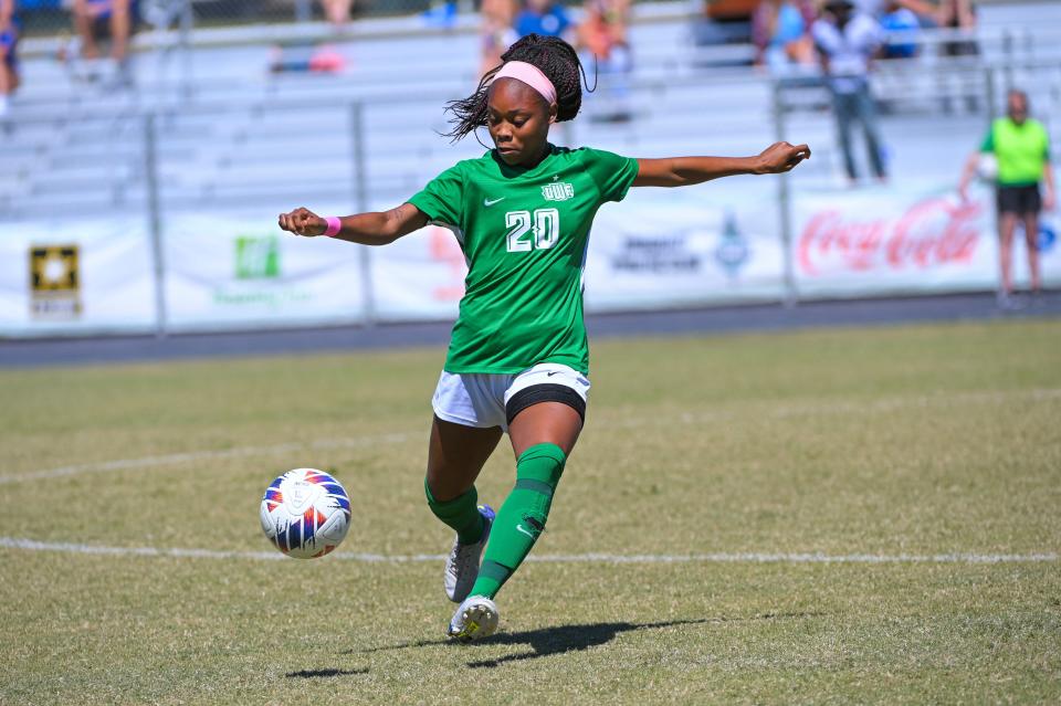West Florida junior defender Destiny Hird lines up the ball during a match against Montevallo on Sunday, Oct. 2, 2022 from the UWF Soccer Complex.