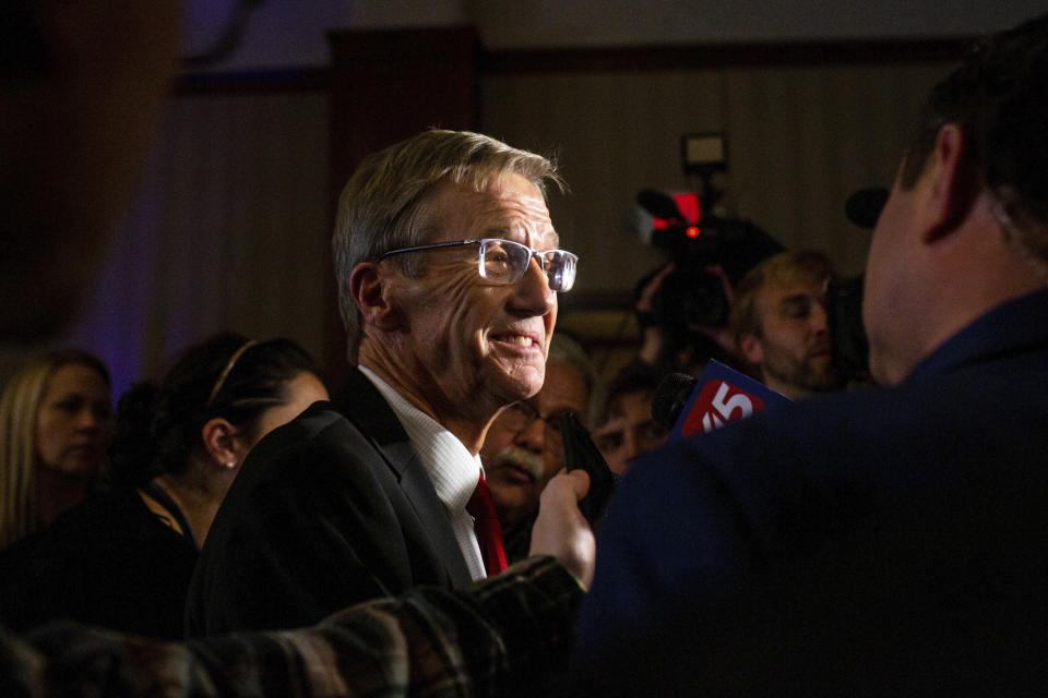 Republican gubernatorial candidate Scott Jensen speaks to media during the Minnesota GOP Election Night Party, Tuesday, Nov. 8, 2022, at a Hilton Doubletree in Minneapolis. (AP Photo/Nicole Neri)