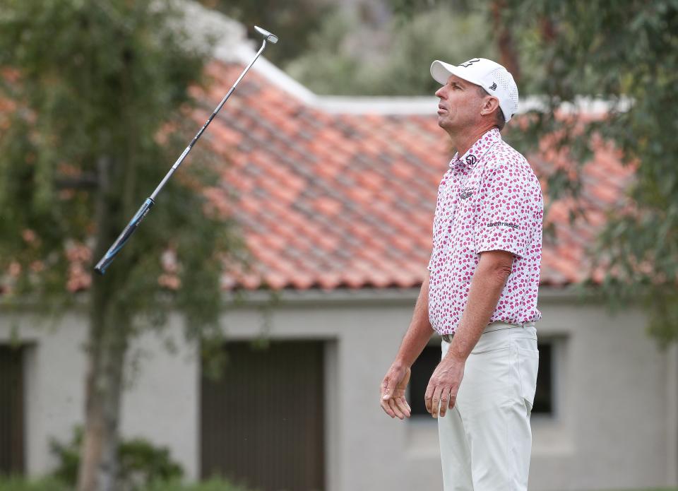 Steve Alker flips his putter after missing a par putt on the 17th hole during the final round of the Galleri Classic at Mission Hills Country Club in Rancho Mirage, Calif., March 31, 2024.