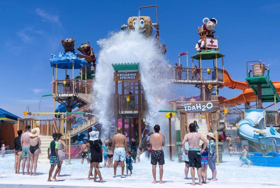 A potato-shaped bucket called Tippin' Tater dumps water on customers.  The Idaho-themed attraction is part of the park's latest expansion efforts.