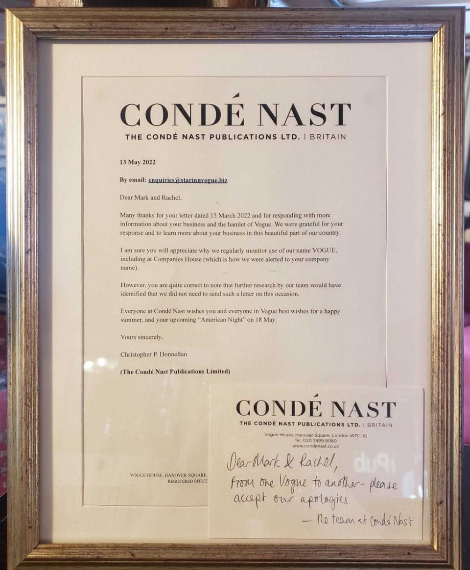 Undated handout photo issued by The Star Inn At Vogue of a framed apology letter from the publishers of Vogue magazine after they requested them to change the name of their establishment. (PA)