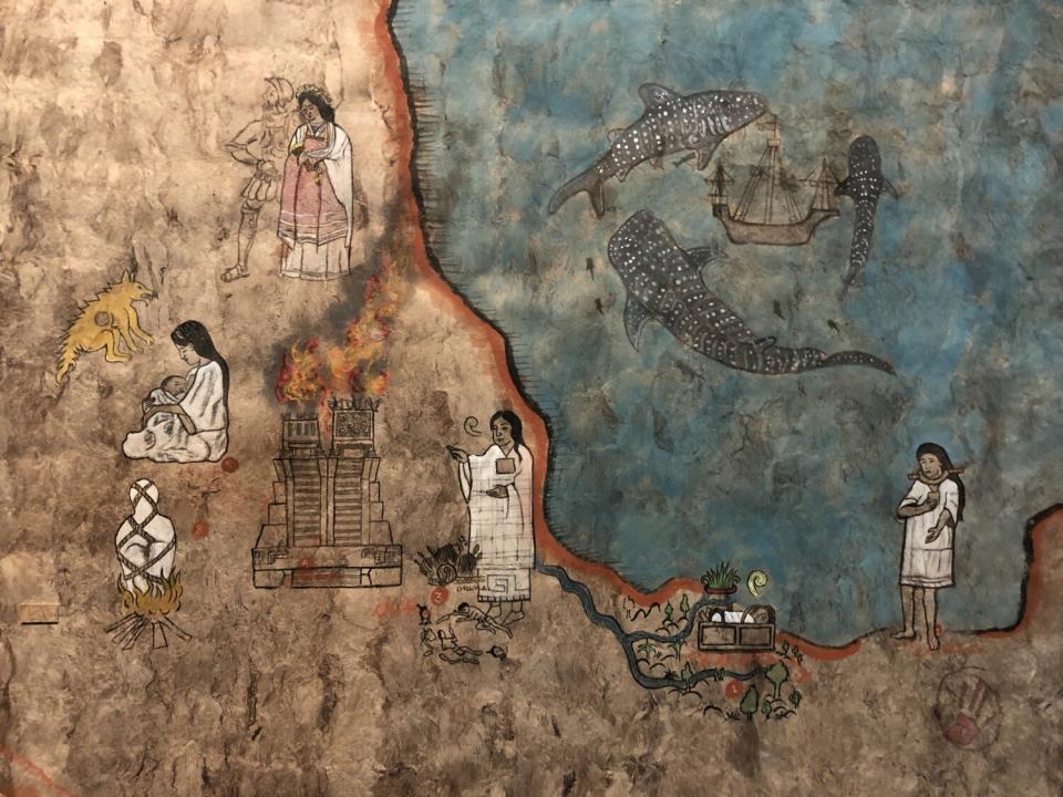 A painting resembling a vintage map shows a piece of Mexico's Caribbean coast with Malinche shown at various life stages