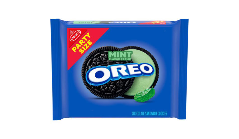 Blue package of mint flavored Oreo cookies. 