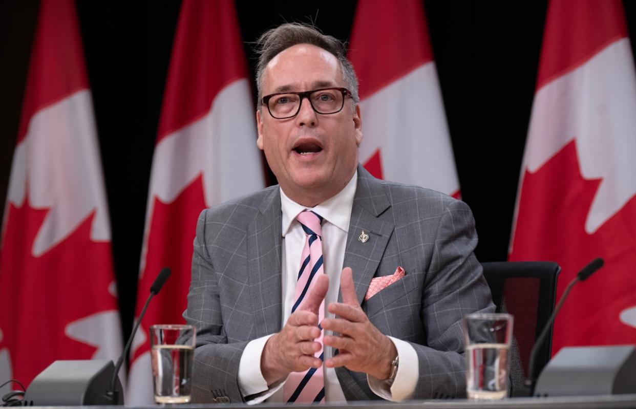 Standing Committee on Access to Information, Privacy and Ethics vice-chair Bloc Quebecois MP René Villemure at a news conference in October. Villemure says his committee will study the federal use of tools that extract personal data from devices. (The Canadian Press - image credit)