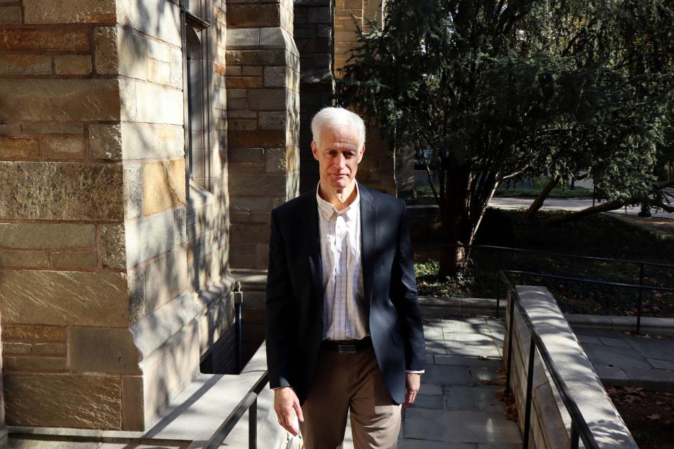 Kevin Worthen, the former president of Brigham Young University and current Doyle-Winter Distinguished Visiting Professor of Law at Yale, poses for a photo outside of Yale Law School in New Haven, Conn., on Tuesday, Oct. 24, 2023. | Sam Benson, Deseret News