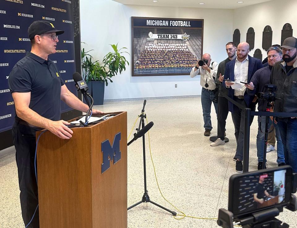 Michigan coach Jim Harbaugh speaks to members of the media at his weekly news conference at Schembechler Hall in Ann Arbor on Monday, Nov. 13, 2023.