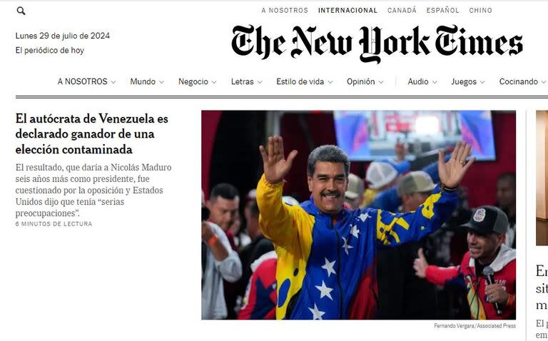 La portada web del diario The New York Times