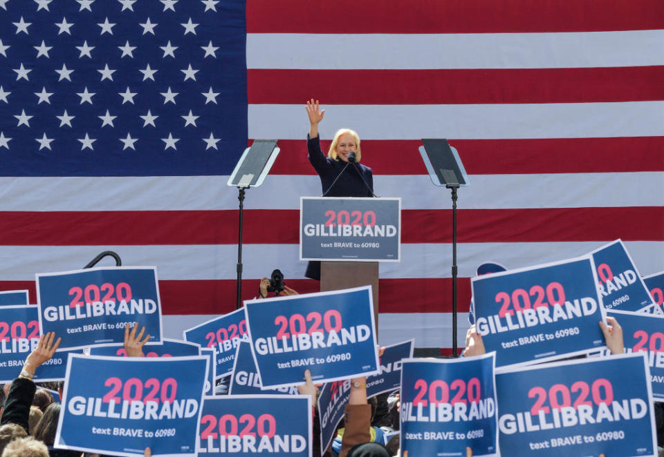 Democratic presidential candidate US Senator Kirsten Gillibrand speaks during official kick-off rally of her campaign for U.S. president at Columbus Circle in New York on March 24, 2019. | Lev Radin—Pacific Press/LightRocket/Getty Images