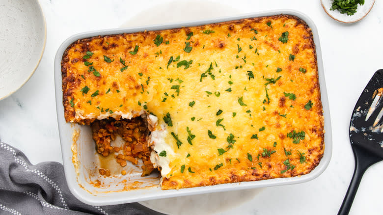 Lentil moussaka in baking dish