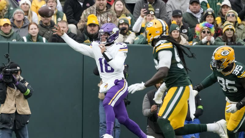 Minnesota Vikings’ Jaren Hall during the second half of an NFL football game against the Green Bay Packers on Sunday, Oct. 29, 2023, in Green Bay, Wis.