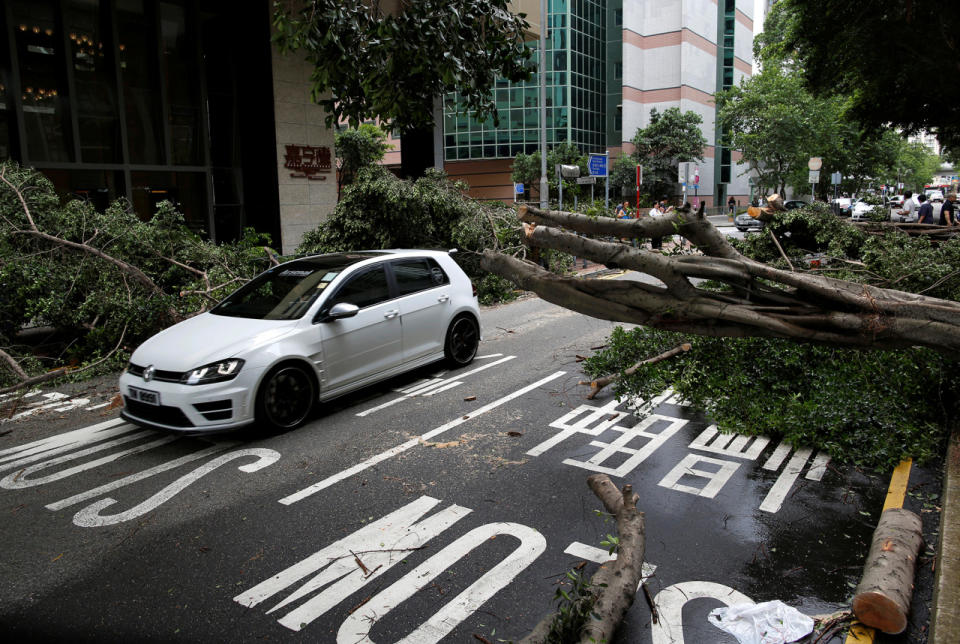 A vehicle drives among trees uprooted by strong winds from Typhoon Nida in Hong Kong, China August 2, 2016. (REUTERS/Tyrone Siu)