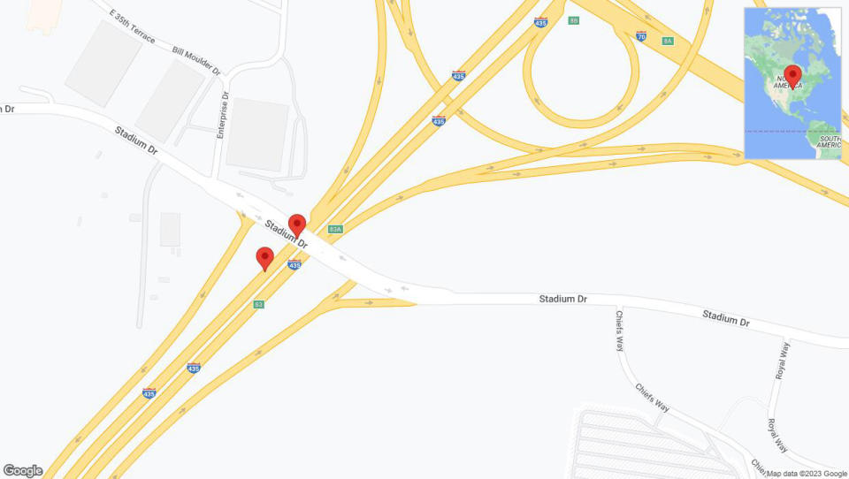 A detailed map that shows the affected road due to 'Broken down vehicle on southbound I-435 in Kansas City' on October 16th at 3:26 p.m.