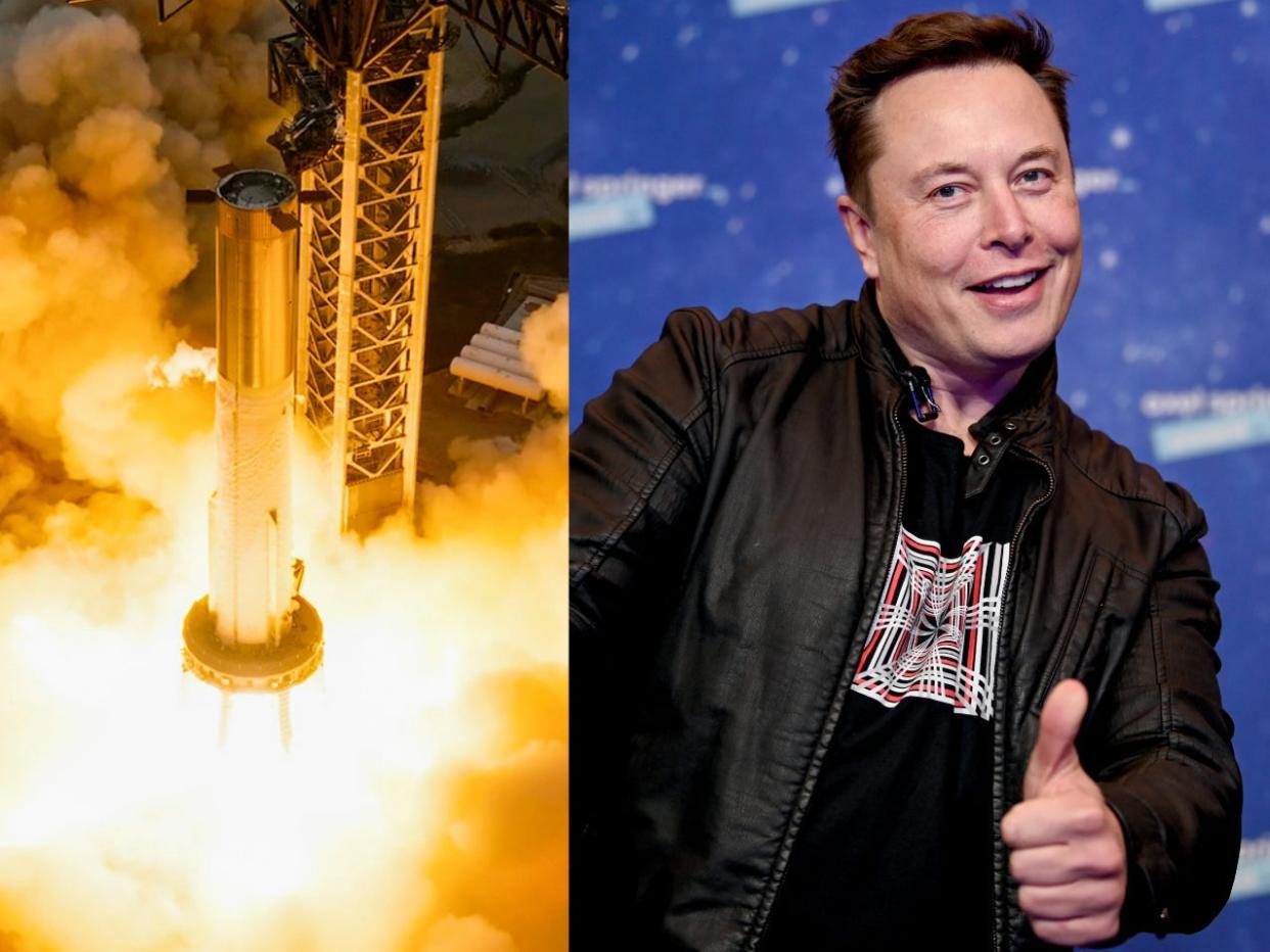A photo montage shows the Starship booster being fired on the left, and Elon Musk holding a thumbs up on the right.