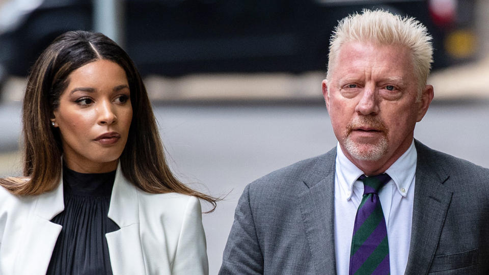 Boris Becker is seen here outside a London court alongside his girlfriend Lilian de Carvalho Monteiro. 