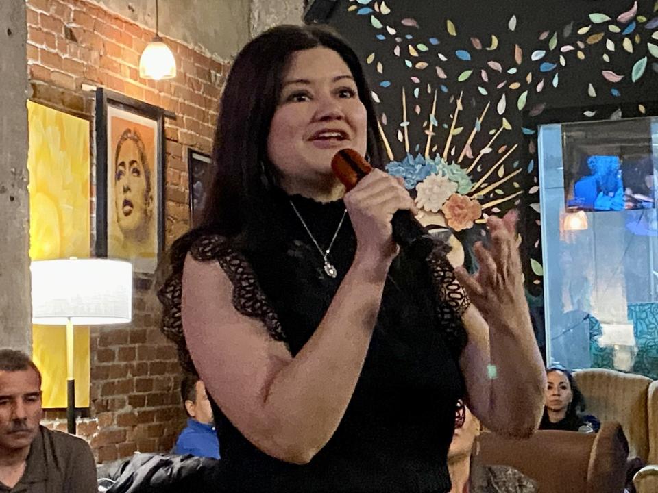 El Paso City Council District 2 candidate Veronica Carbajal addresses supporters during an Election Night watch party at Old Sheep Dog Brewery in Central El Paso on Saturday. Carbajal was defeated by Josh Acevedo in the District 2 special election.