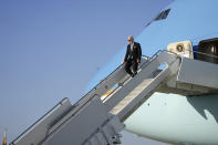 President Joe Biden exits Air Force One upon arrival, Friday, Nov. 11, 2022, at Sharm el-Sheikh, Egypt. Biden is headed to the COP27 U.N. Climate Summit. (AP Photo/Alex Brandon)
