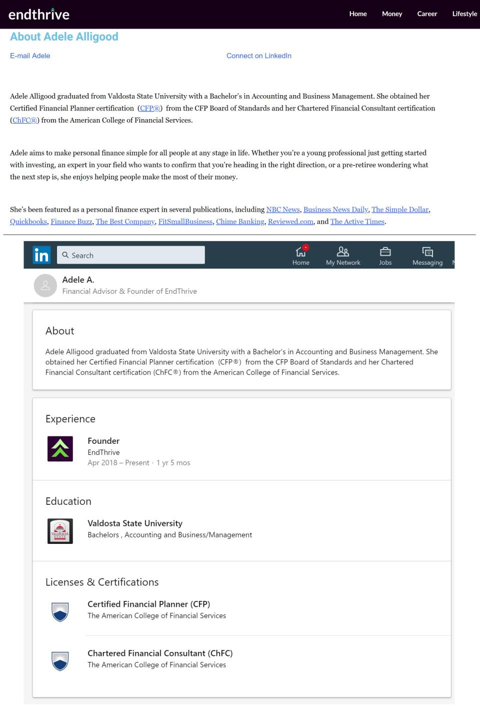 The credentials Adele Alligood used to have listed on her website and LinkedIn profile, before they were deleted. (Photo: EndThrive.com / LinkedIn)