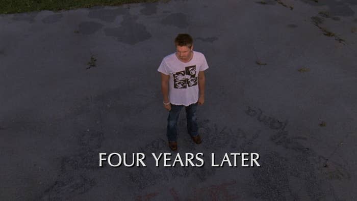 an aerial view of a man with the words "four years later"