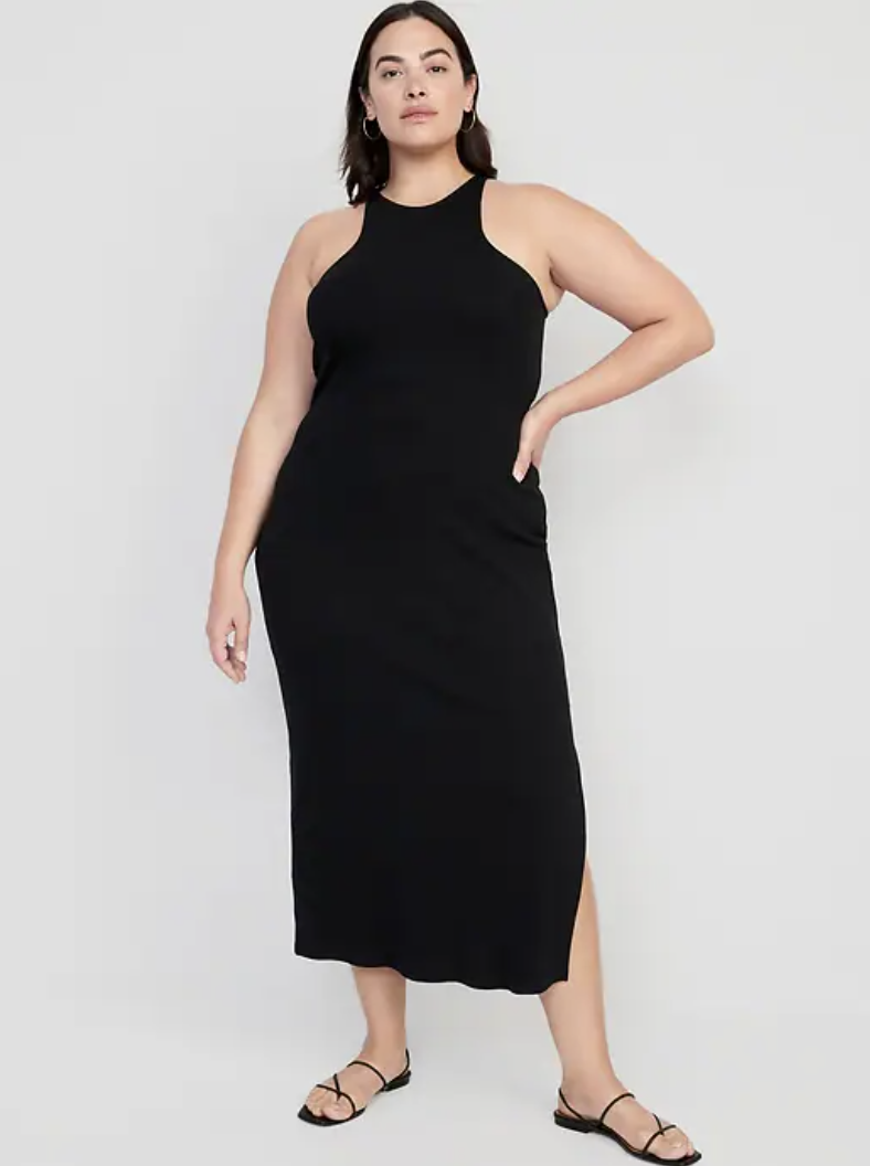 plus size model wearing black Fitted High-Neck Rib-Knit Maxi Dress (Photo via Old Navy)