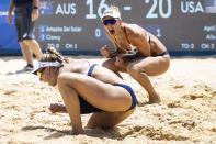 <p>April Ross and Alix Klineman of Team USA cheer after winning Gold in Beach Volleyball. </p>