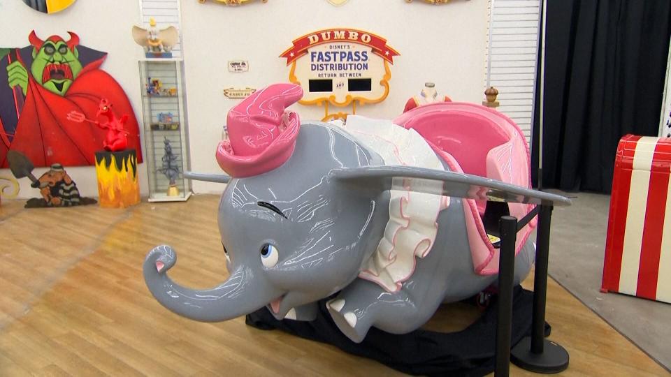 A Dumbo ride vehicle is at display at 'The Joel Magee Disneyland Collection' in Burbank, California