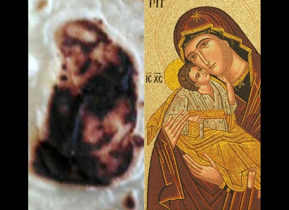 Compare this Solis family picture of tortilla with the image of Virgin Mary and Baby Jesus, left, with a Byzantine image of the Virgin Mary, right