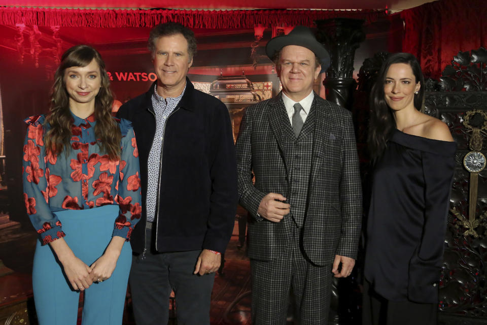 Lauren Lapkus, Will Ferrell, John C Reilly and Rebecca Hall appear in Holmes & Watson, a comic reimagining of the famous detective (Willy Sanjuan/Invision/AP)