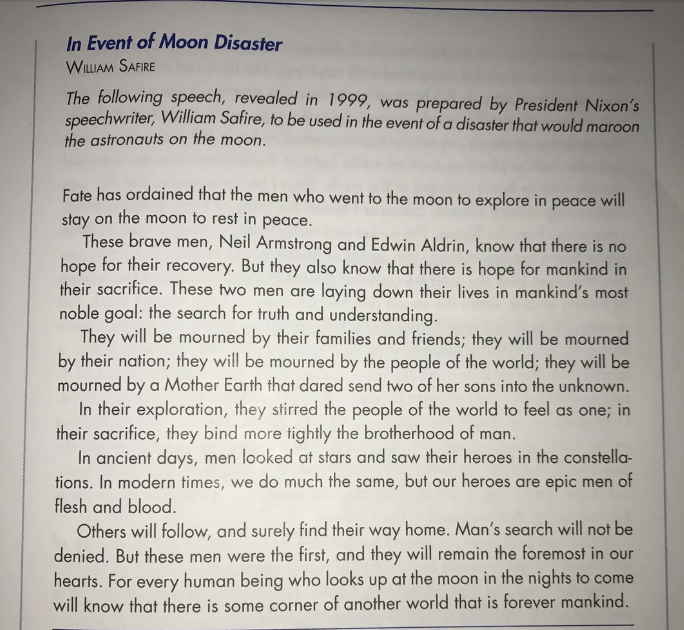 A potential speech by President Nixon about a moon disaster, written in 1969, reveals a tribute to astronauts Neil Armstrong and Edwin Aldrin if a tragedy occurred