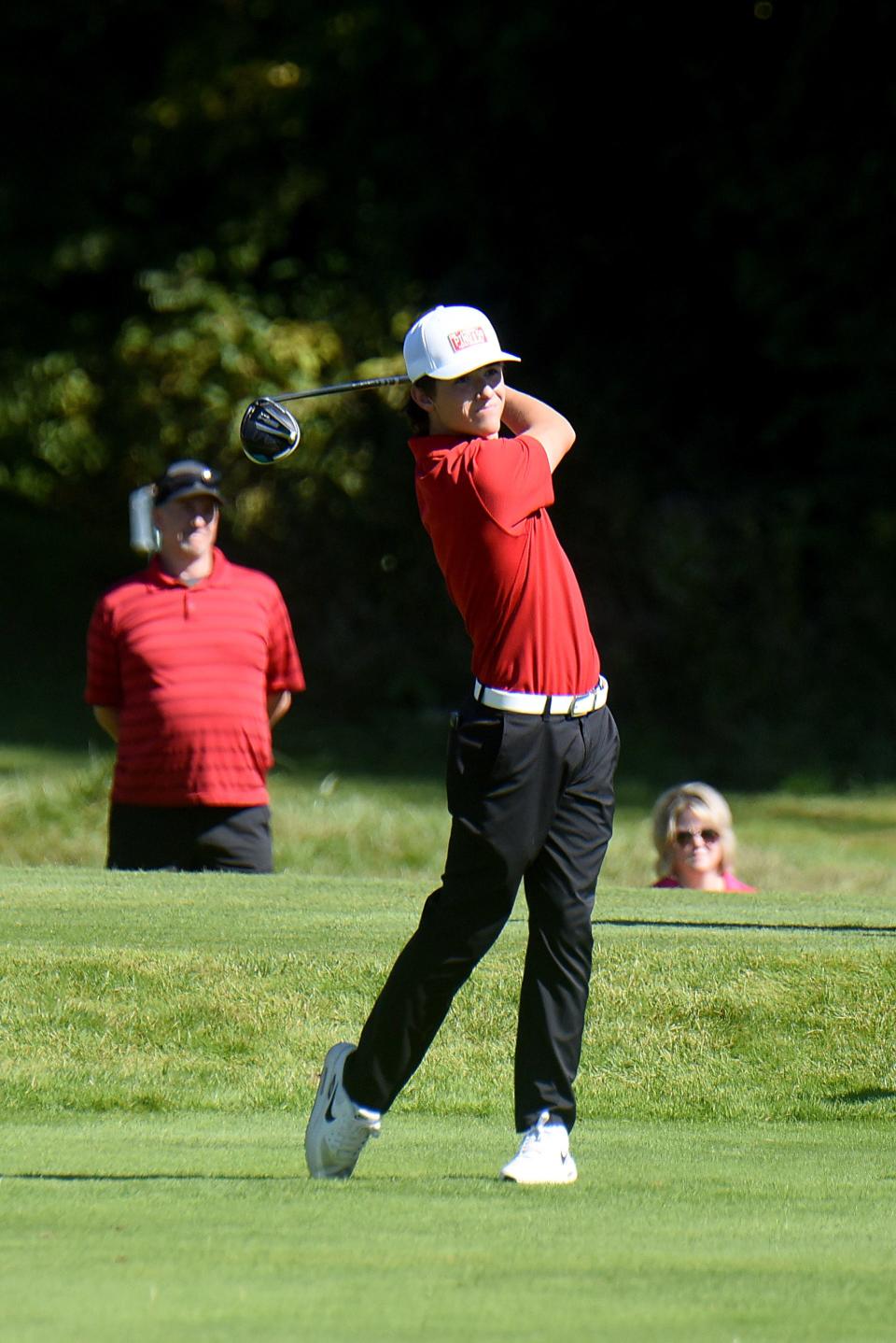 Utica's Ben Rodichok watches a drive competing in Division II District boys golf on Wednesday, Oct. 5, 2022 at Turnberry Golf Course in Pickerington. Heath, Johnstown, and Utica players competed in Division II and Newark Catholic competed in Division III.