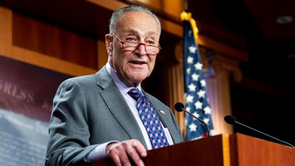 PHOTO: Senate Majority Leader Sen. Church Schumer speaks at a Senate Democratic caucus leadership press conference on July 19, 2022, in Washington, D.C. (Michael Brochstein/ZUMA Press)