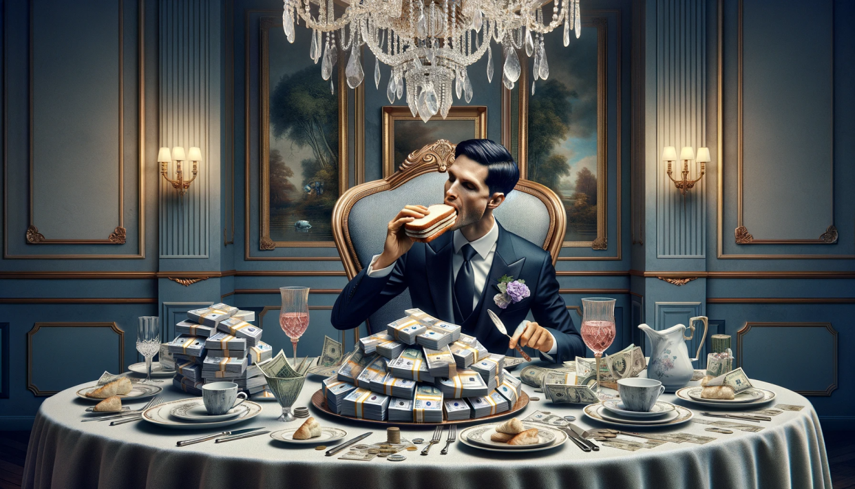 Illustration of rich man eating a sandwich and surrounded by money