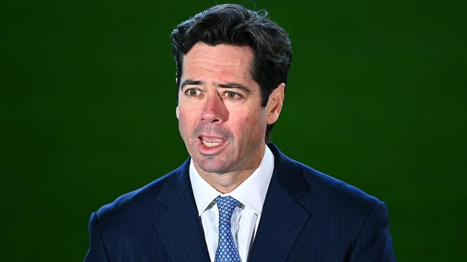 Gillon McLachlan, pictured here speaking to the media about the AFL's restart.