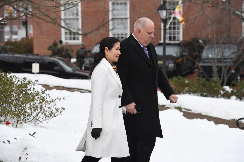 Maryland Gov. Larry Hogan and his wife, Yumi Hogan, arrive for his second inauguration ceremony on Jan. 16, 2019, in Annapolis. (Photo: The Washington Post via Getty Images)